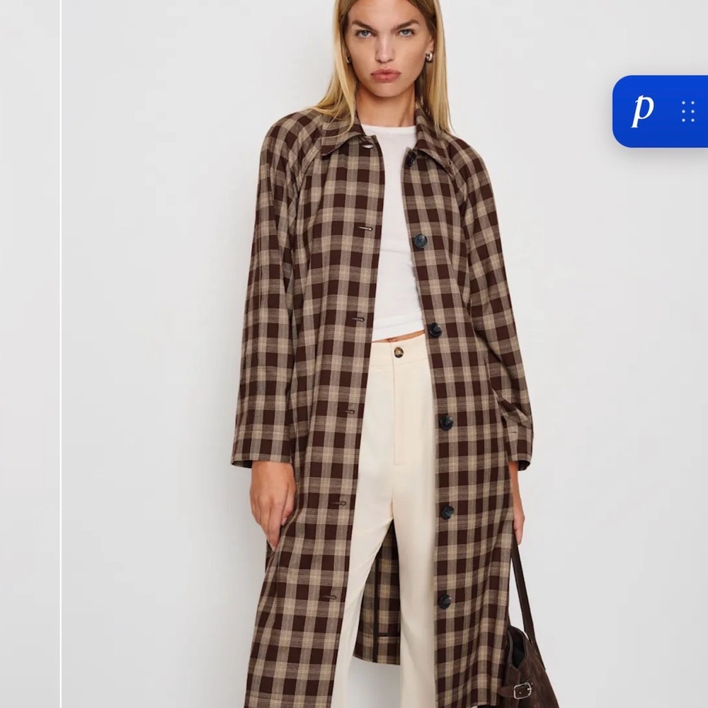 Reformation Brown Plaid Long Button Coat